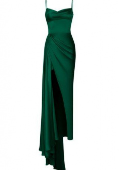 Mermaid Spaghetti Straps Green Satin Long Prom Dress With Silt