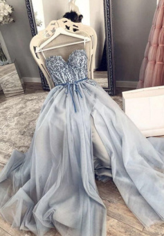 Elegant Sweetheart Tulle A Line Beaded Prom Dress with Side Slit