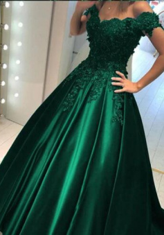 Off Shoulders Hunter Green Ball Gown Prom Gown with Lace Appliques