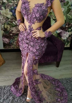 Charming Purple Mermaid Long Sleeves Prom Evening Dress