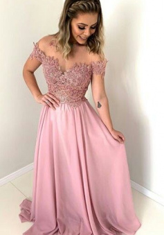 Off The Shoulder Long Chiffon Prom Dress With Lace