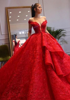 Off the Shoulder Red Lace Prom Dresses Party Gown