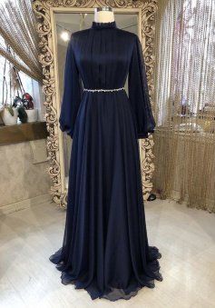 Floor Length High Neck Navy Blue Long Sleeves Chiffon Prom Dress