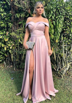 Off The Shoulder A Line Long Stain Prom Dress with Split