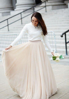 Simple Two Piece Unique Long Sleeves Prom Dress with Tulle Skirt