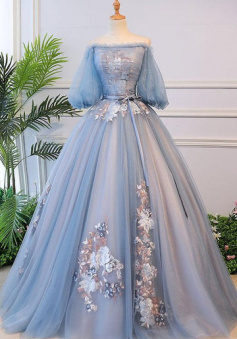 Vintage Floor Length Long Dusty Blue Formal Prom Dress