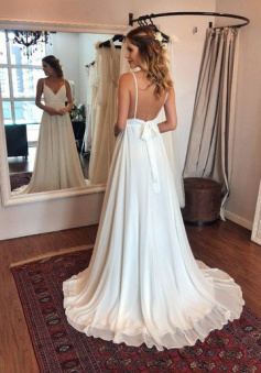 Mermaid Straps Open Back Long Chiffon Beach Wedding Dresses