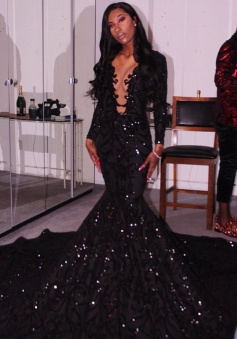 Mermaid Black Scoop Sequin Prom Evening Dress