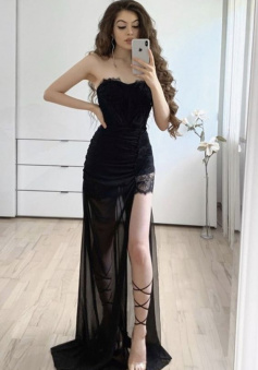 A Line Sweetheart Black Lace Prom Dress With Split