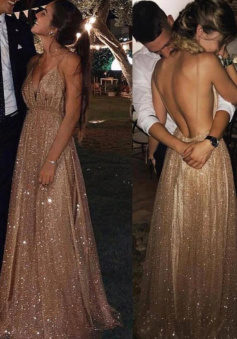 Sexy Backless Sparkly V-Neck Long Formal Evening Dresses