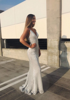 Sexy A-line V Neck Silver Sequin Prom Evening Dress