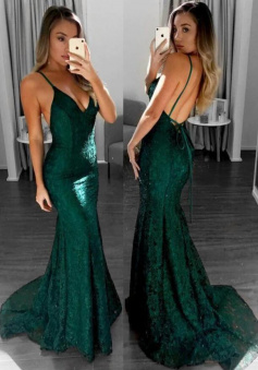 Mermaid V Neck Backless Dark Green Lace Prom Dress