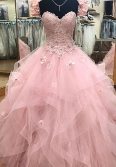 Sweetheart Ball Gown Pink Tulle Long Prom Dress with Lace