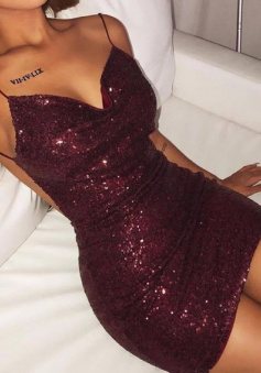 Sheath Burgundy Sequins BacklessShort Prom Dress