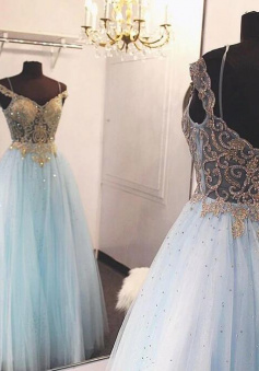 Off the Shoulder A Line Light Sky Blue Prom Evening Dress with Gold Beadings