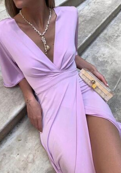 Simple A Line Half Sleeves Purple V Neck Prom Dress with Split