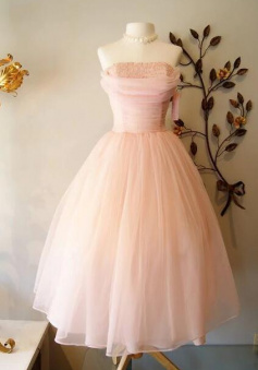 Strapless Vintage Tea Length Pink Formal Prom Dress