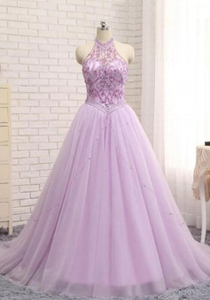 A Line halter lavender tulle prom dresses with beading