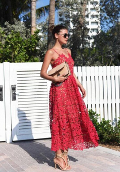 Spaghetti Straps Red Lace Prom Dress