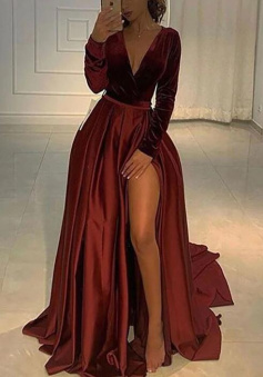 Sexy Mermaid V Neck Top Velvet Burgundy Prom Dress With Slit