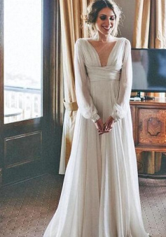 Vintage A Line Long Sleeve Chiffon Prom Dress
