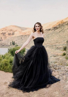 Strapless Black Tulle Long Prom Evening Dress
