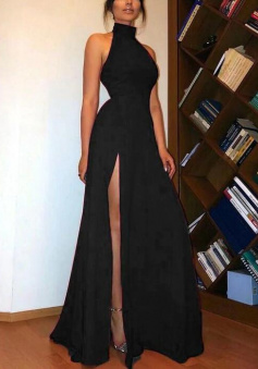 Sexy High Neck Black High Split Long Evening Dress