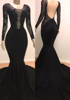 Sexy Mermaid Long Sleeves Black Evening Dress With Lace