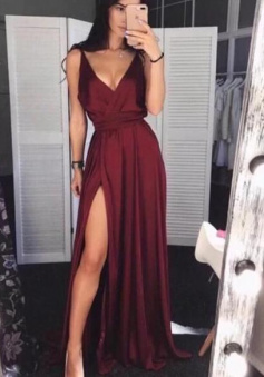 A LIne V-Neck Satin Long Burgundy Evening Dress With Split