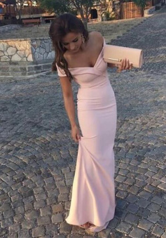 Off Shoulder Mermaid Pearl Pink Long Prom Dresses