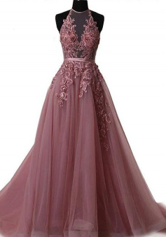 Elegant halter tulle long lace evening dress