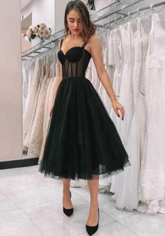 Simple A Line black tulle short prom dress
