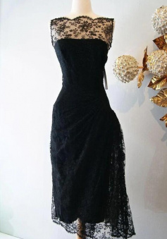 Vintage Black Sheer Bateau Neck Tea Length Evening Gowns