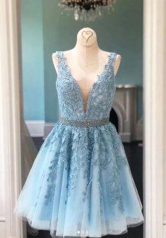 Cute v neck lace tulle short blue homecoming dress
