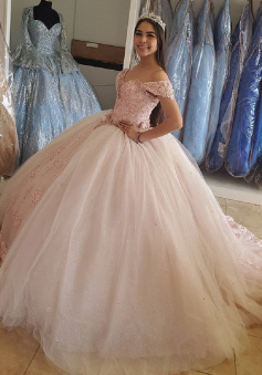 Off Shoulder Ball Gowns Beaded Crystal Light Pink Tulle Quinceanera Dress