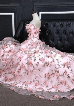 A-line Pink Floral Long Prom Dress Lace-up Evening Dress