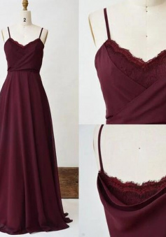 Spaghetti Strap A Line Burgundy Chiffon Bridesmaid Dress