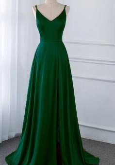 Spaghetti Strap A Line Green Long Prom Dresses