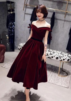 Off Shoulder A Line Sweetheart Burgundy Velvet Prom Dress