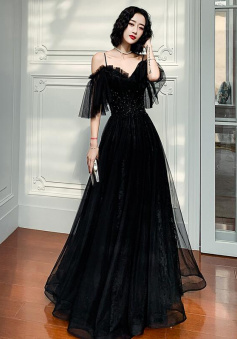 A Line Black Tulle Lace Long Prom Dress