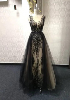 Sexy A Line Black TUlle Evening Dress With Lace