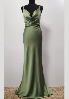 Spaghetti straps long sage green prom dress