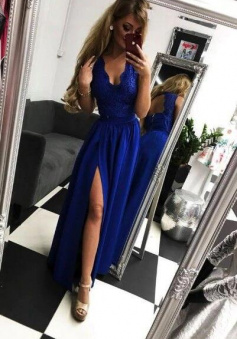 A Line Royal Blue Lace Top Prom Dress With Split