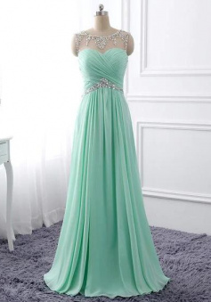 Floor Length Mint Green Chiffon Prom Dress With Beading