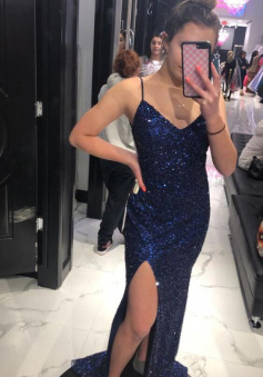 Sexy navy blue sequins long prom dress with slit