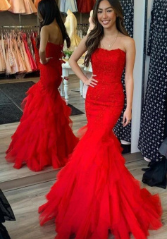 Mermaid strapless red lace formal prom dress