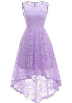Cute Purple High Low Sleeveless Lace Prom Dresses