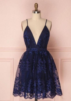 Spaghetti Straps Navy Blue Deep V Neck Short Homecoming Dresses