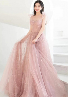 Princess Mermaid Pink tulle long prom dress