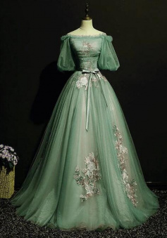 A Line Sage Green Tulle Prom Dress With Puffy Sleeves